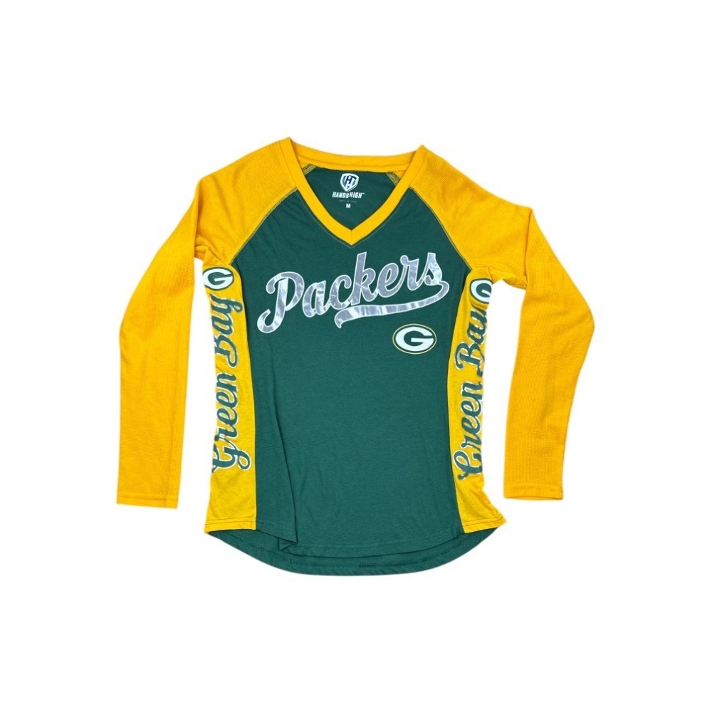 Green Bay Packers Women's Medium Raglan Long‎ Sleeve Tee Green Yellow Hands High